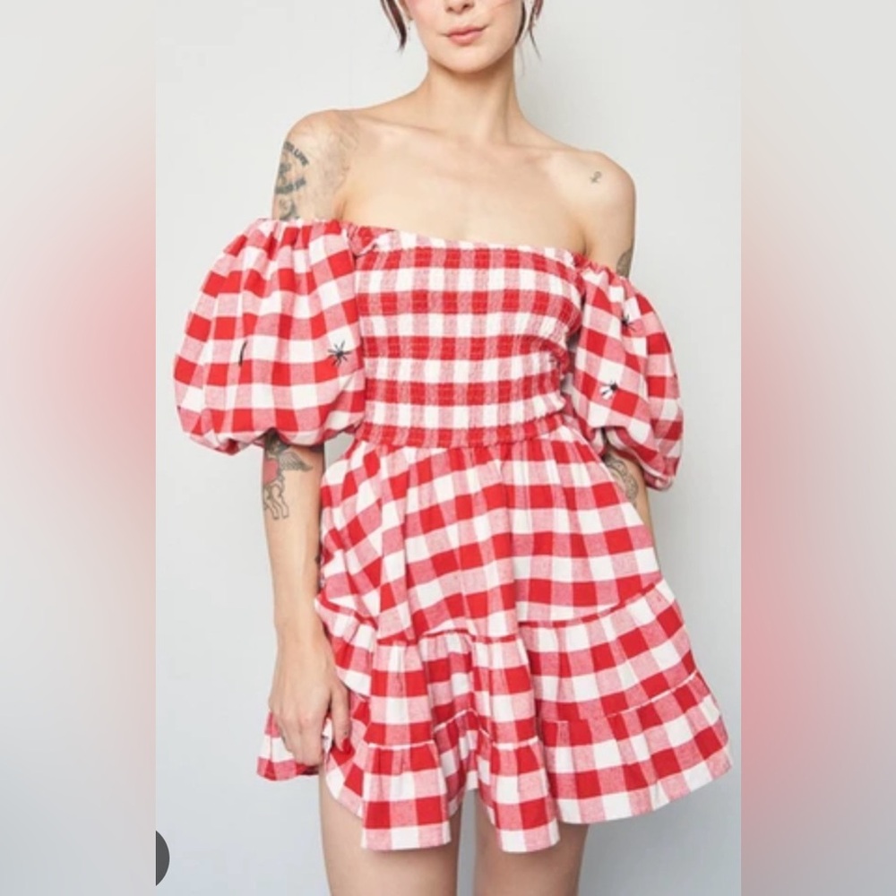 Fashion Brand Company Ruined Picnic Dress NWOT S/M red gingham puffed sleeve